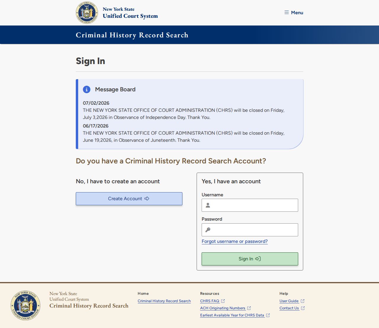 New York criminal court cases OCA CHRS portal