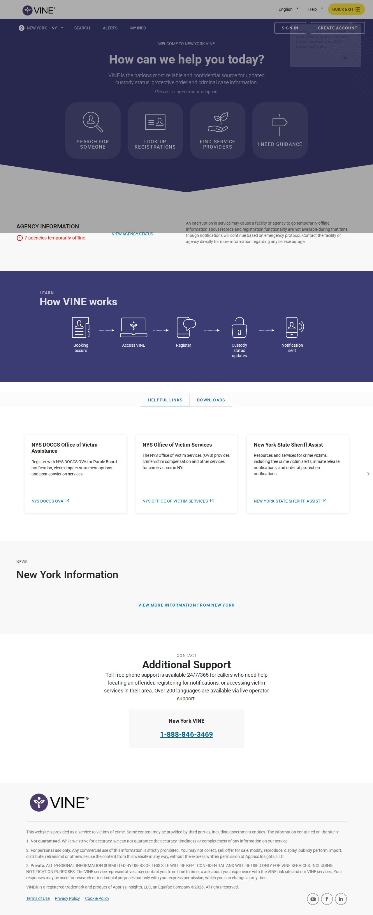 New York criminal records VINE custody notification interface